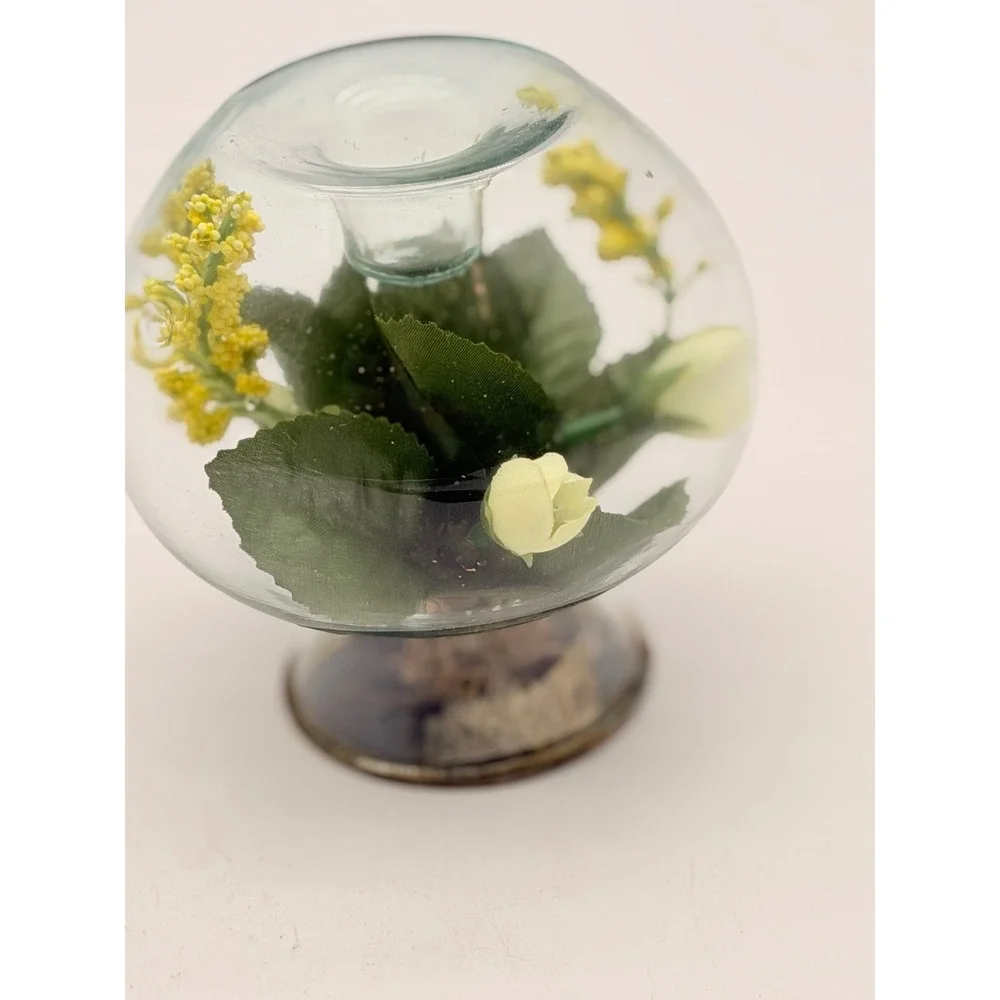 Vintage Glass Orb Candle Holder Encased Faux Yellow White Flowers Terrarium 3.5